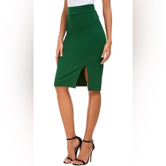 Women's Knee Length Stretch Green Skirt High Waisted  Midi Straight Skirt, L - Picture 7 of 9